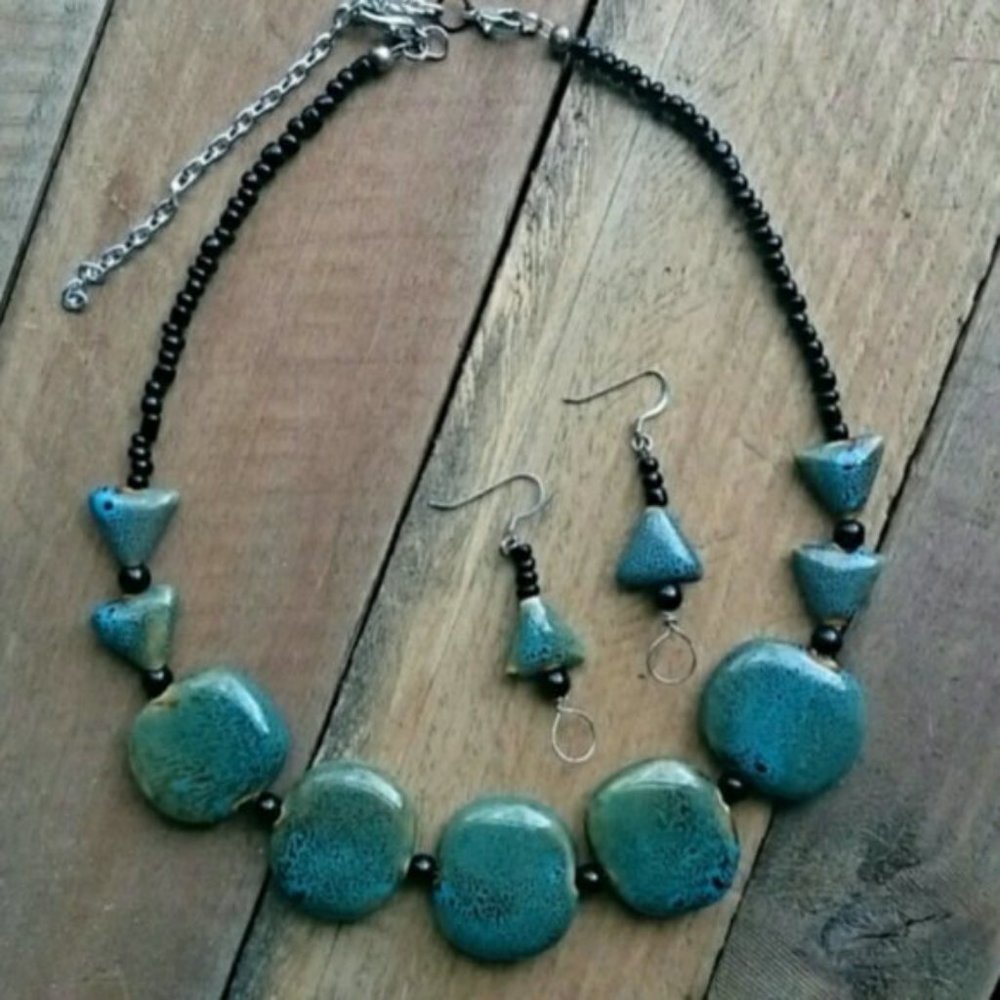 Hand Crafted Pottery Look Ceramic Bead Necklace and Earring Set Handcrafted Boho